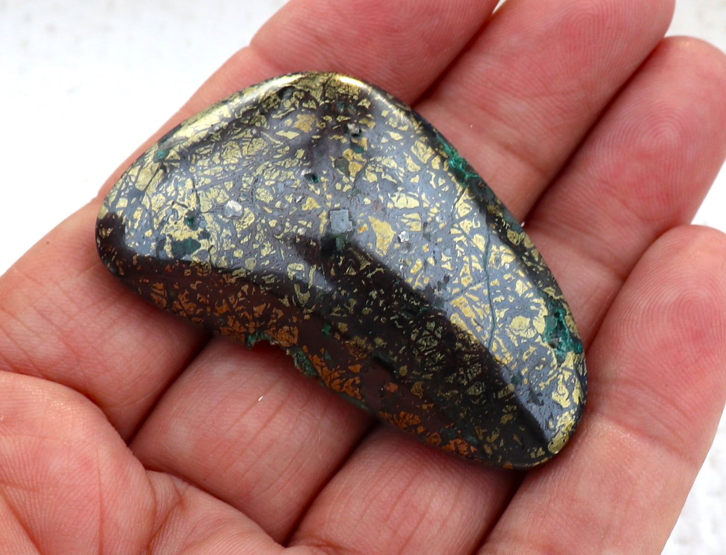 Oval Freeform Chalcopyrite Tenorite and Malachite Cabochon