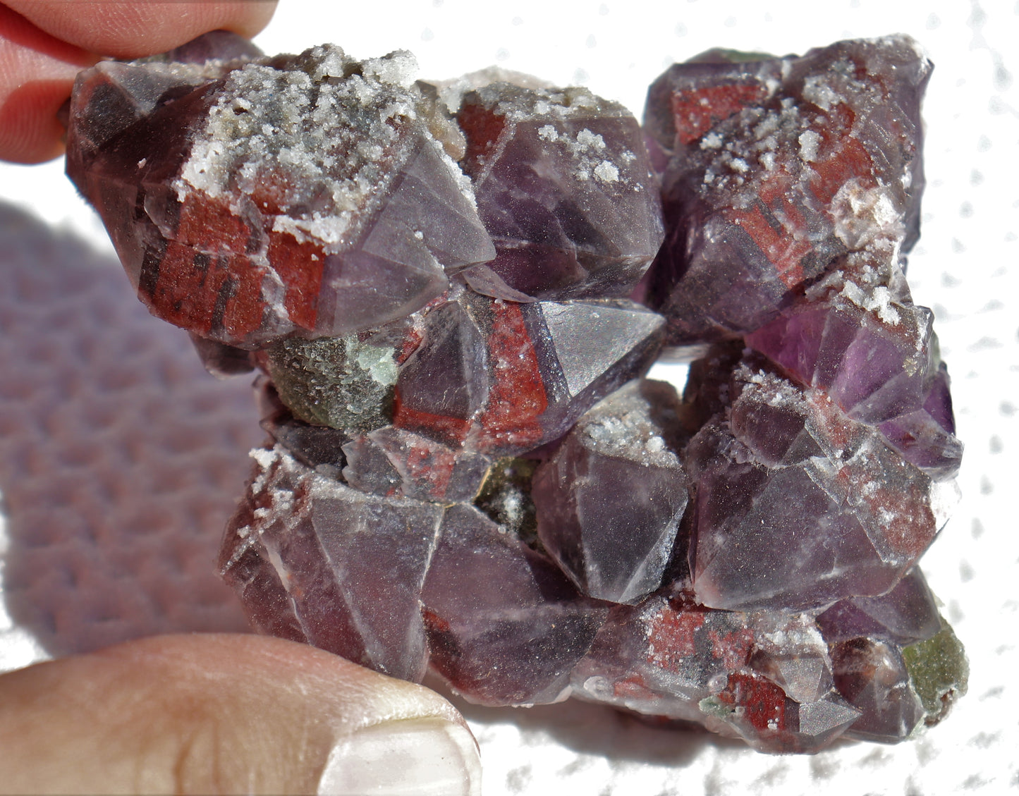 Amazing Hematite-included Amethyst Cluster with Green Fluorite