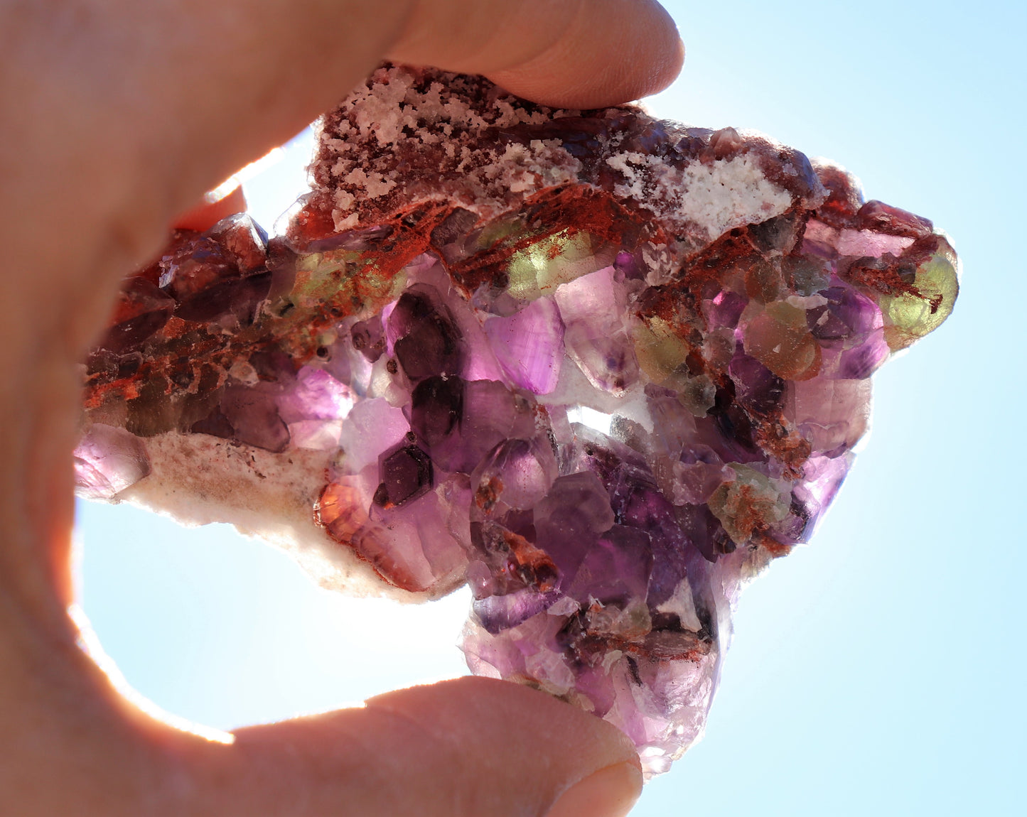 Amazing Hematite-included Amethyst Cluster with Green Fluorite