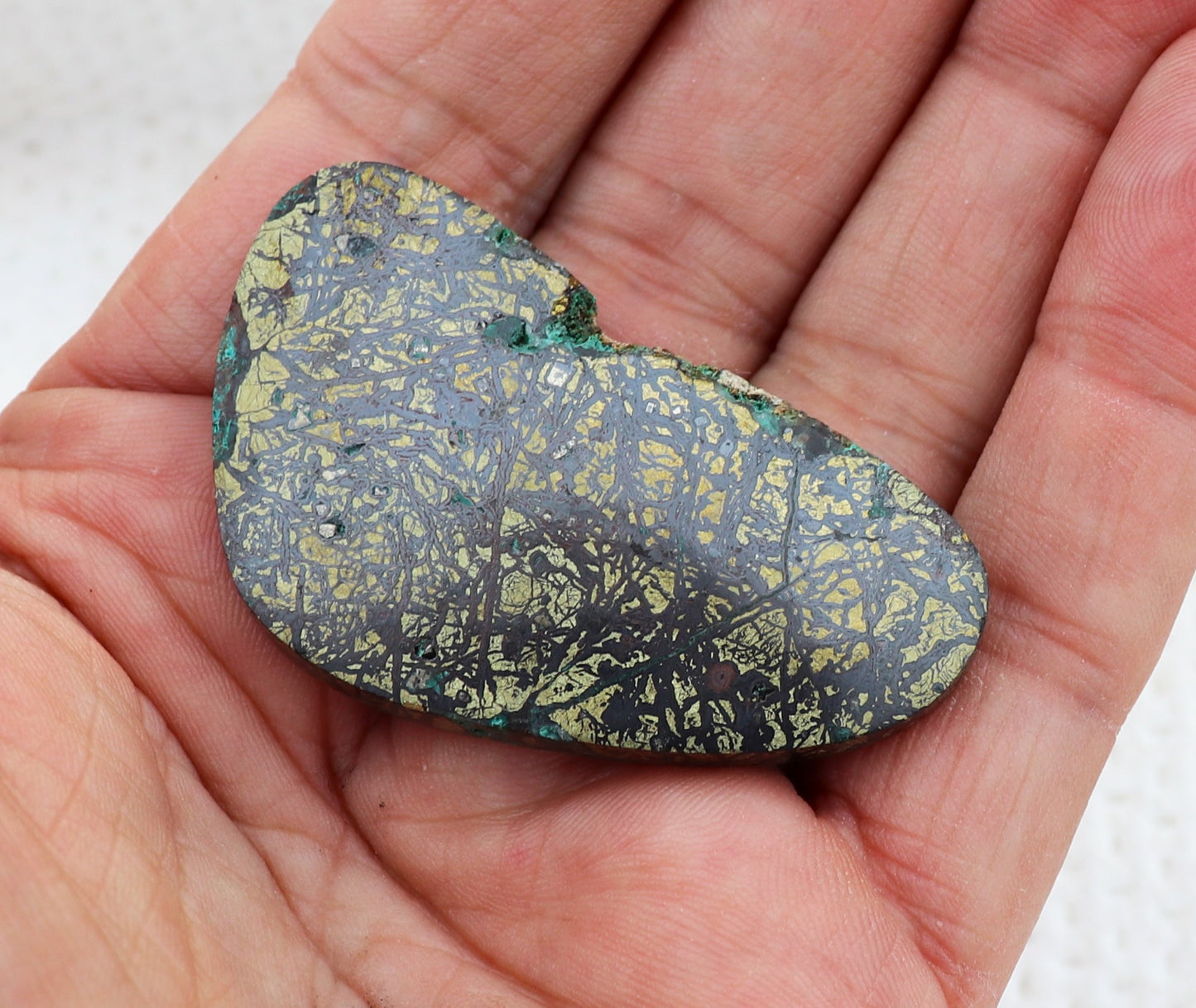 Oval Freeform Chalcopyrite Tenorite and Malachite Cabochon