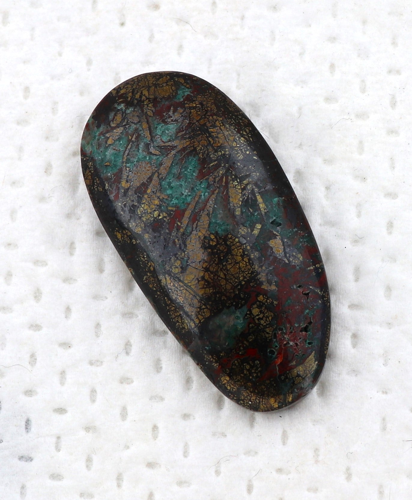 Oval Chalcopyrite Tenorite Fluorite and Malachite Cabochon