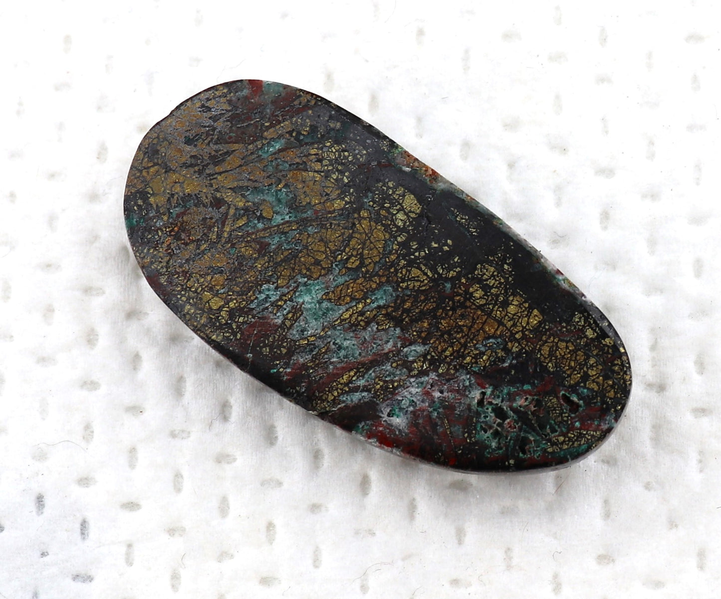 Oval Chalcopyrite Tenorite Fluorite and Malachite Cabochon