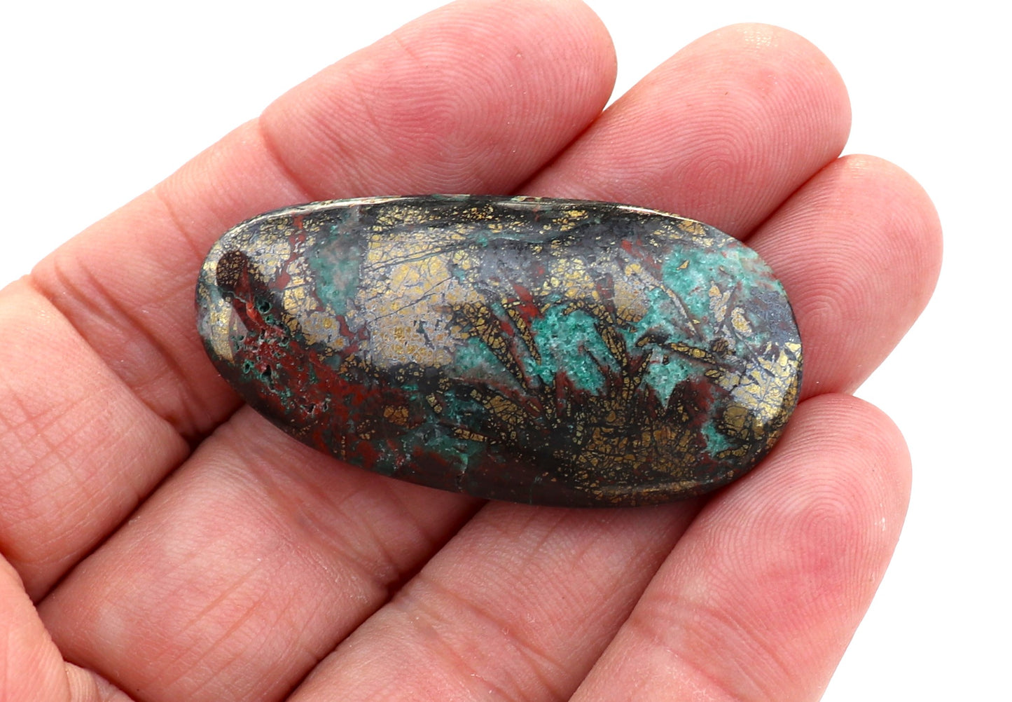 Oval Chalcopyrite Tenorite Fluorite and Malachite Cabochon