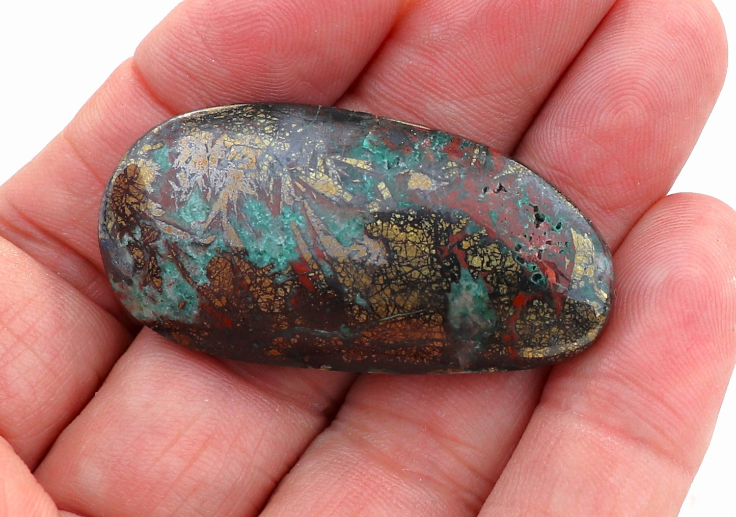 Oval Chalcopyrite Tenorite Fluorite and Malachite Cabochon