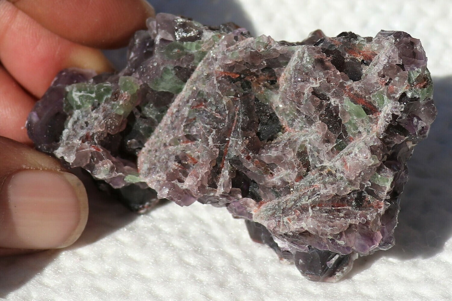 Nice Hematite-included Amethyst Epimorph Cluster with Fluorite