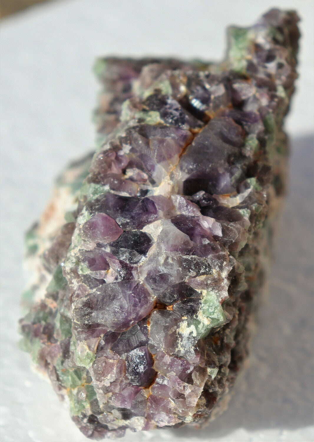 Wild Hematite-included Amethyst Epimorph Cluster with Fluorite