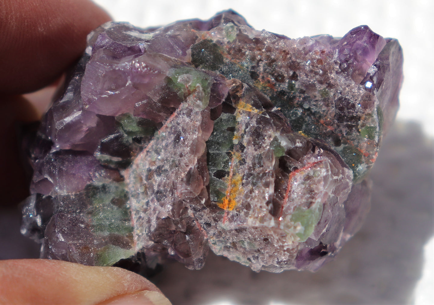 Nice Hematite-included Amethyst Epimorph Cluster with Fluorite