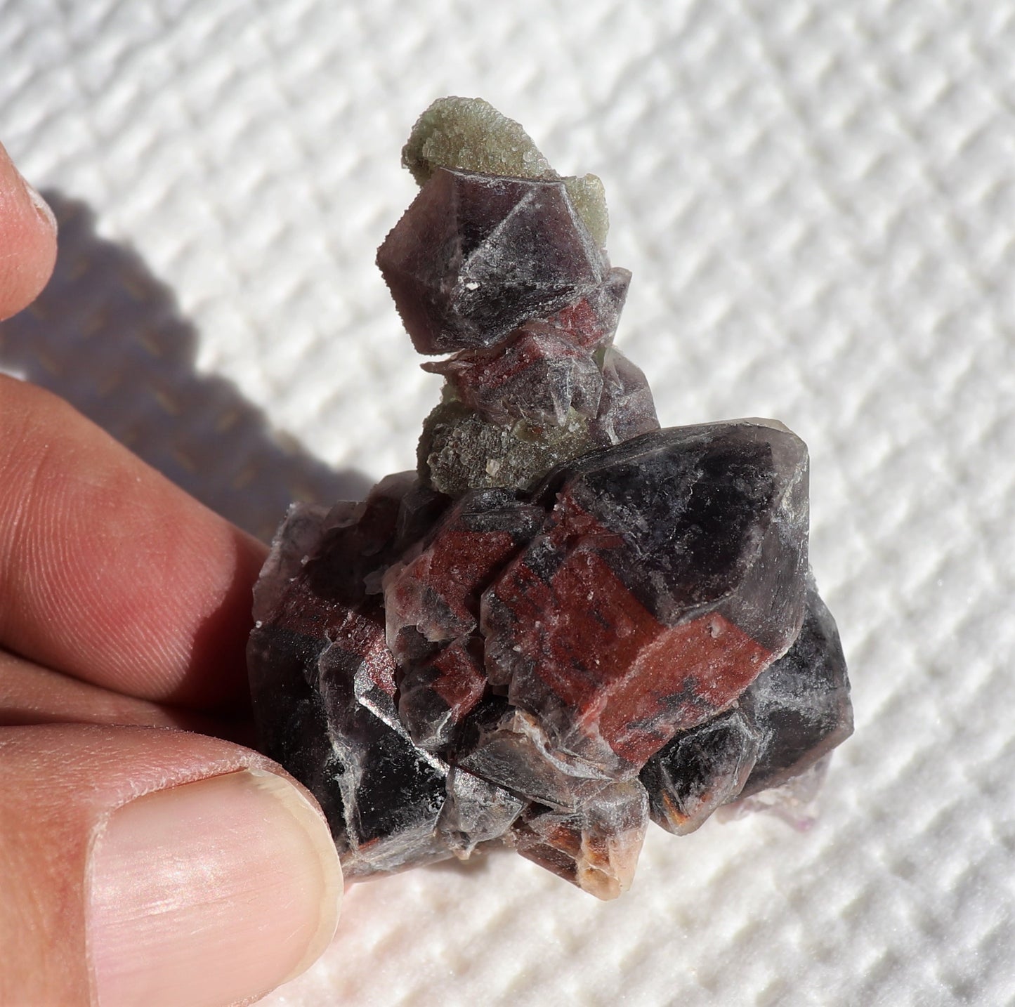 Amazing Hematite-included Amethyst Cluster with Green Fluorite