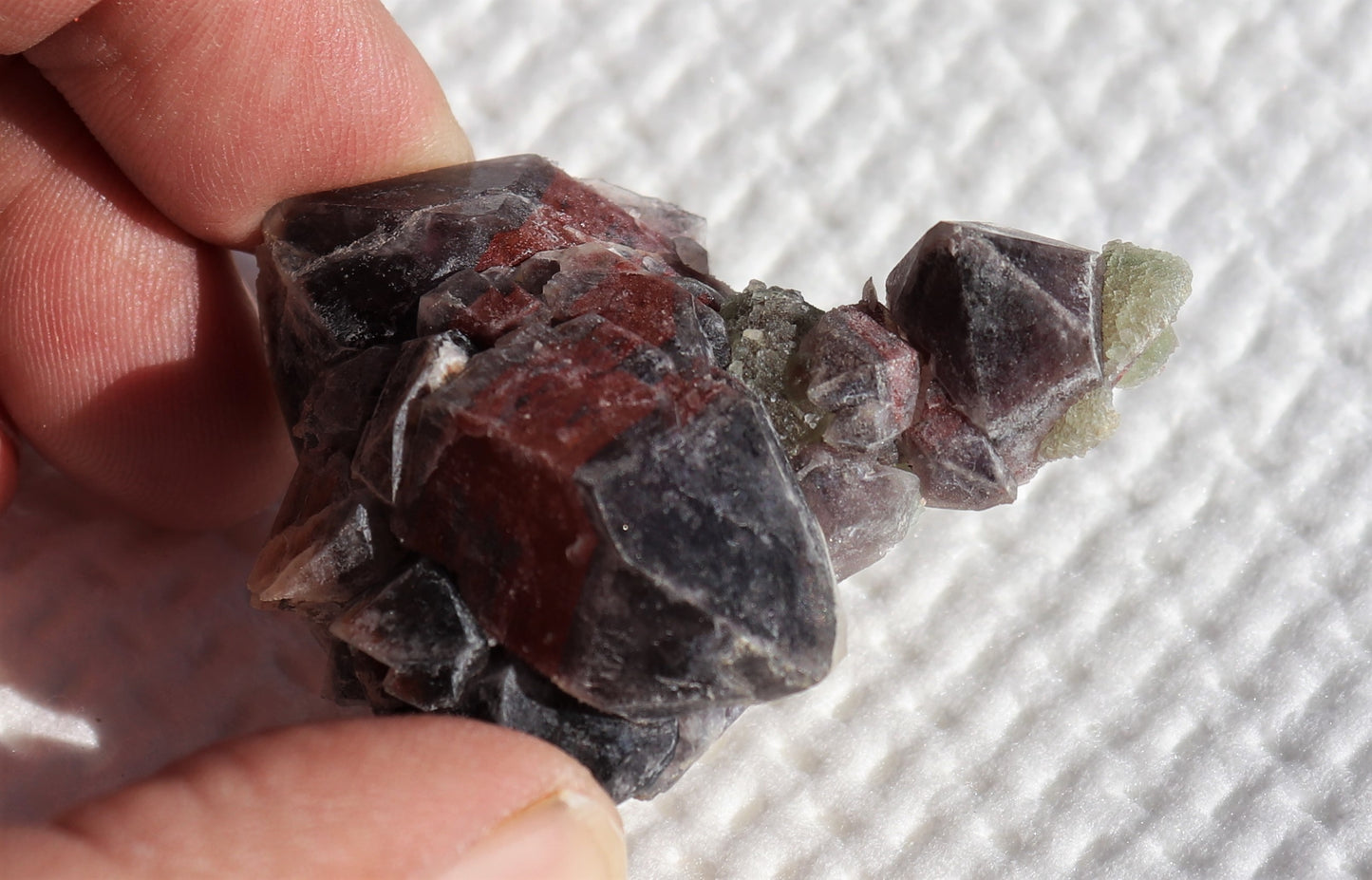 Amazing Hematite-included Amethyst Cluster with Green Fluorite