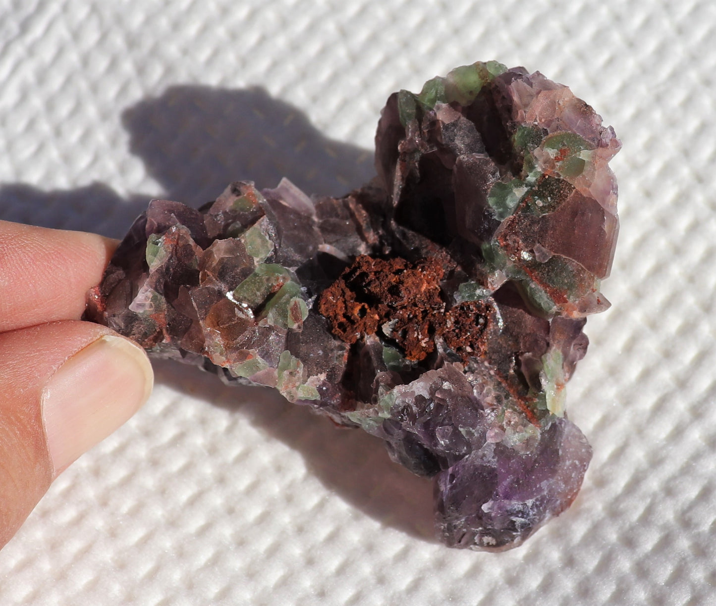 Hematite-included Amethyst Cluster with Green Fluorite & Copper