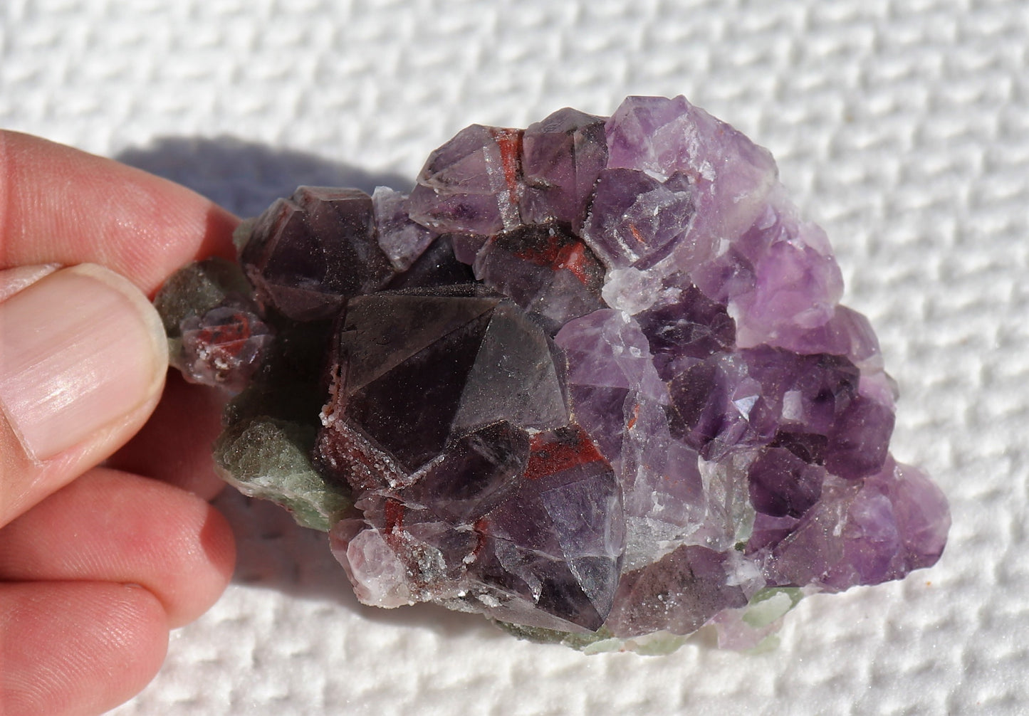 Very Nice Hematite-included Amethyst Cluster with Green Fluorite