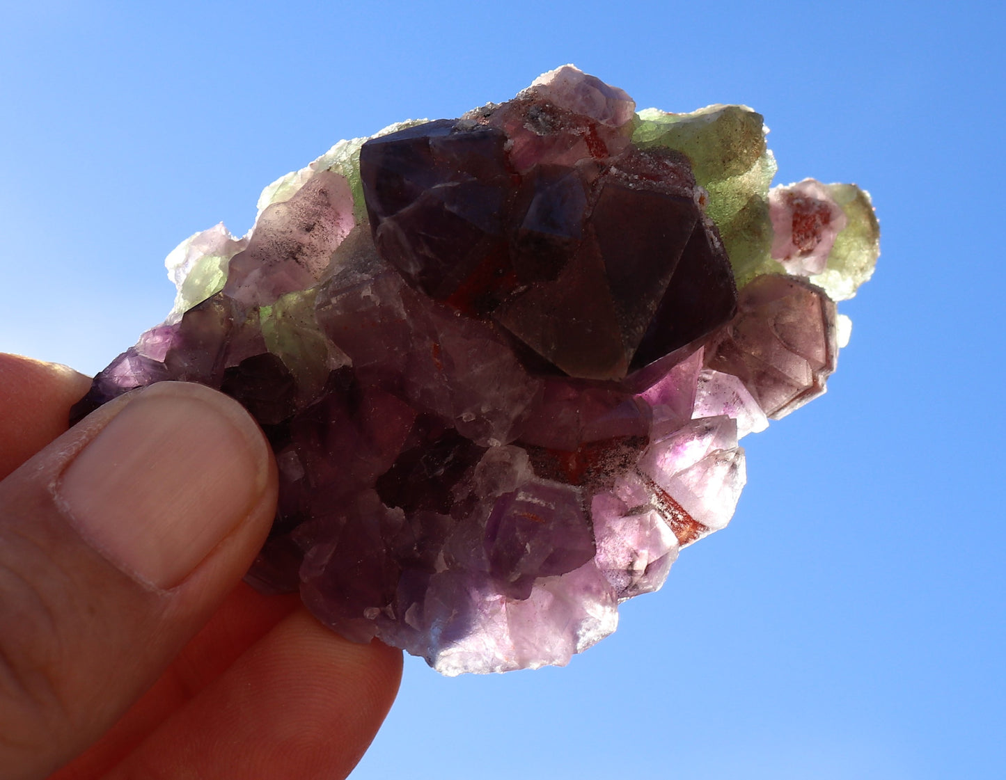 Very Nice Hematite-included Amethyst Cluster with Green Fluorite