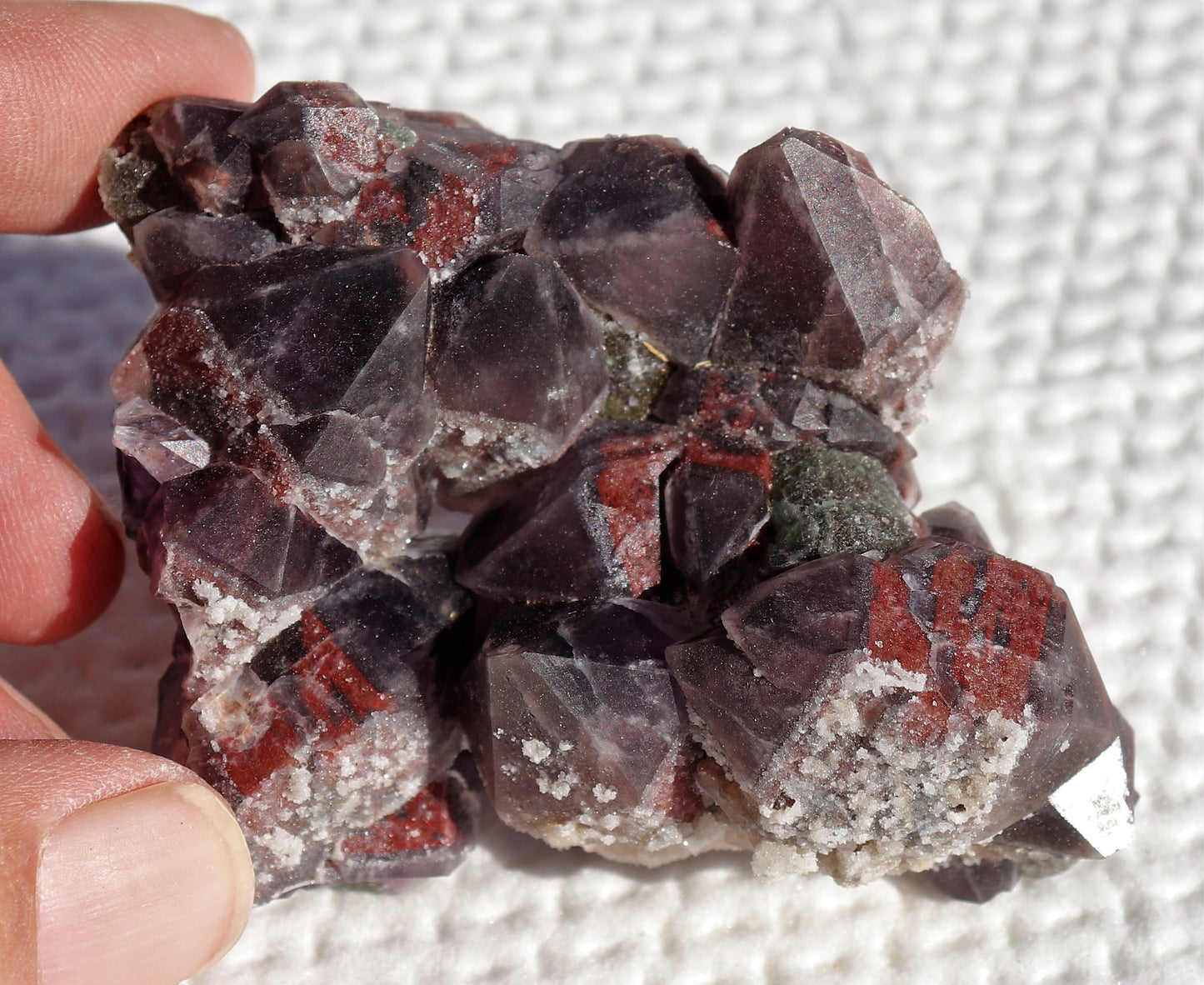 Amazing Hematite-included Amethyst Cluster with Green Fluorite