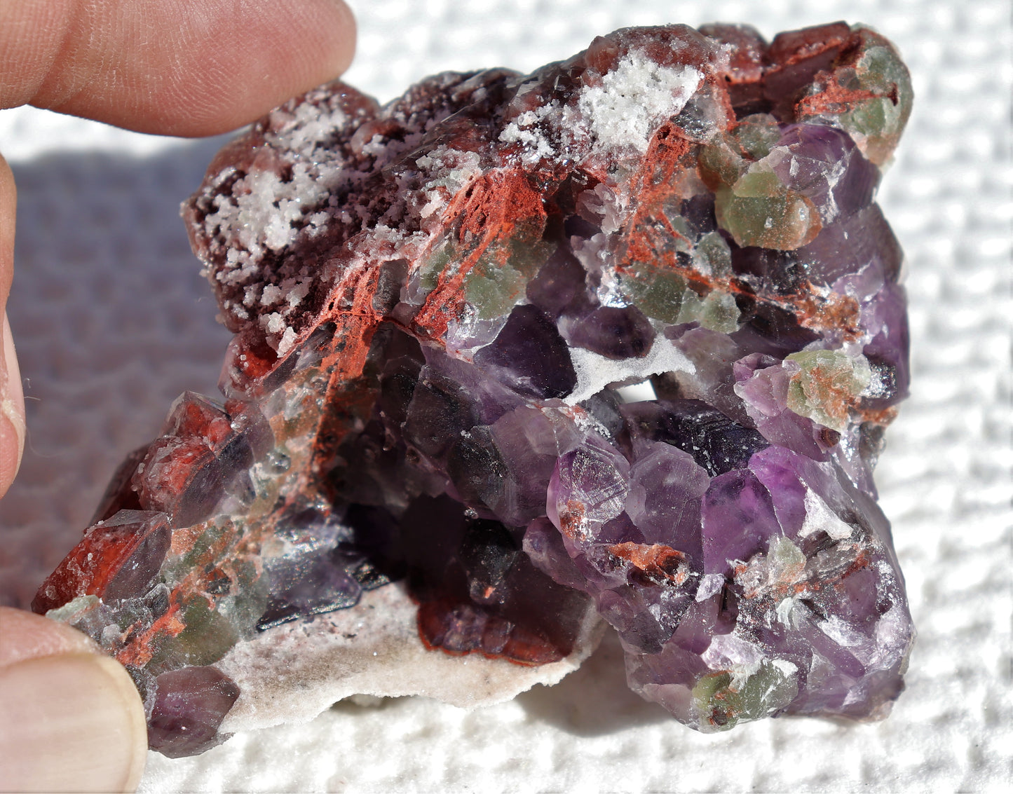 Amazing Hematite-included Amethyst Cluster with Green Fluorite