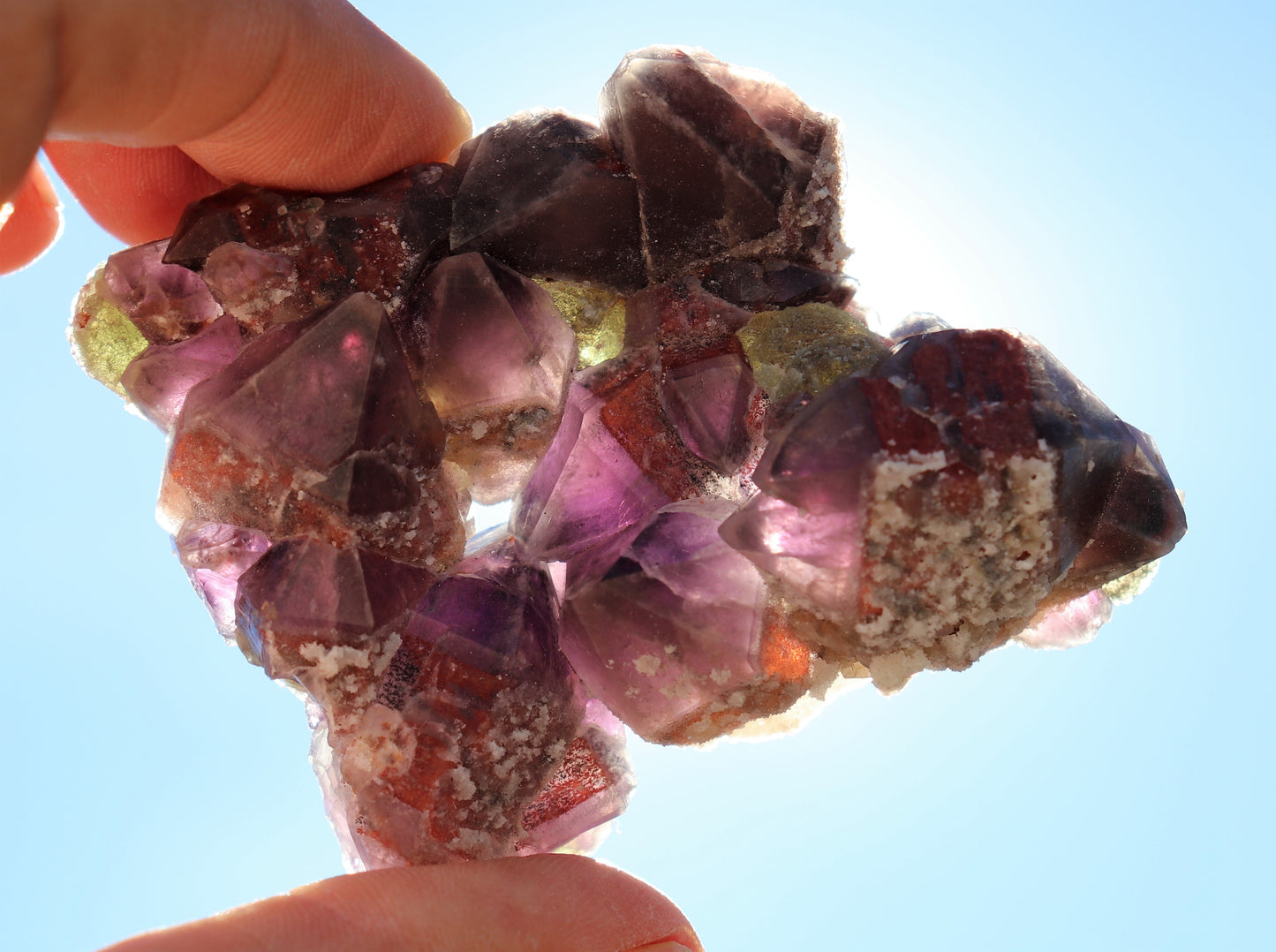 Amazing Hematite-included Amethyst Cluster with Green Fluorite